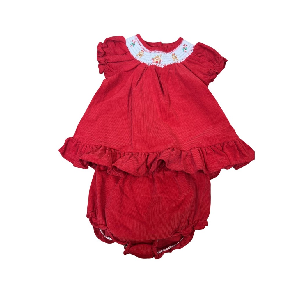 Goodlad Dress Bloomer Set Infant‎ Girls 9M Red Corduroy Smocked Gingerbread Xmas
